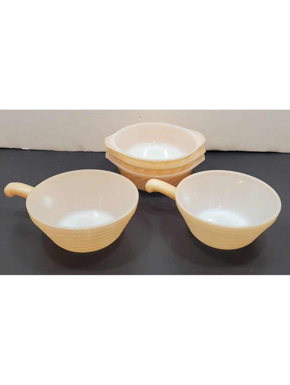 Fire King Peach Lusterware 3 Bowls Casserole Dishes & 2 Handled Soup - Lot of 5